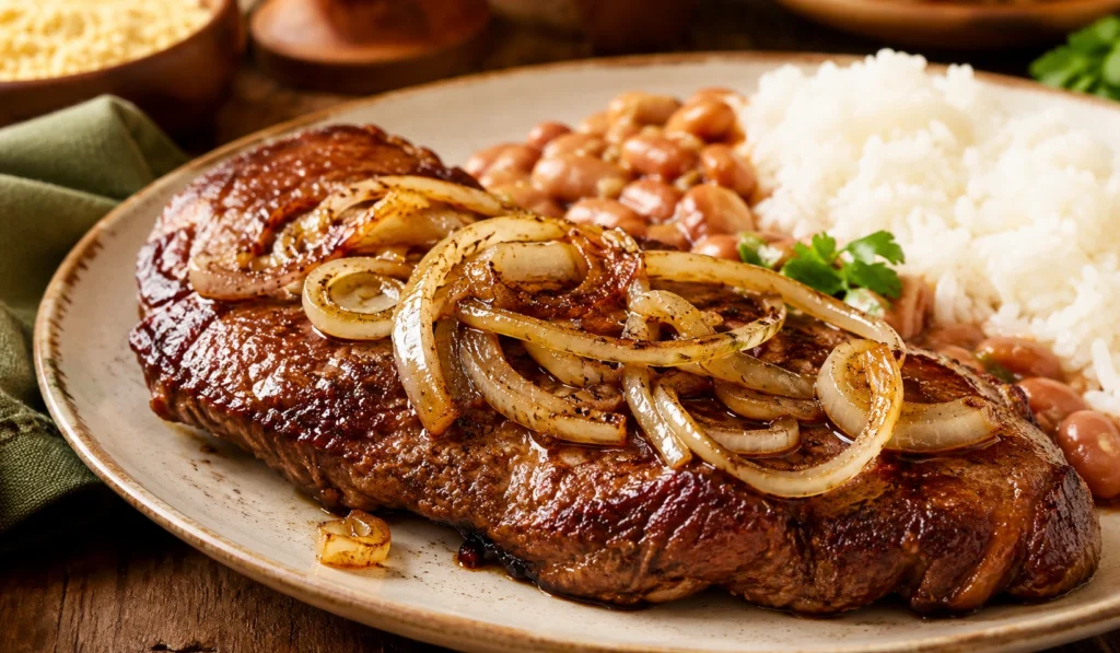 Bife acebolado suculento