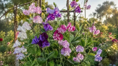 Ervilha-de-cheiro em plena floração, conduzida em uma estrutura que permite às gavinhas sustentarem os ramos.