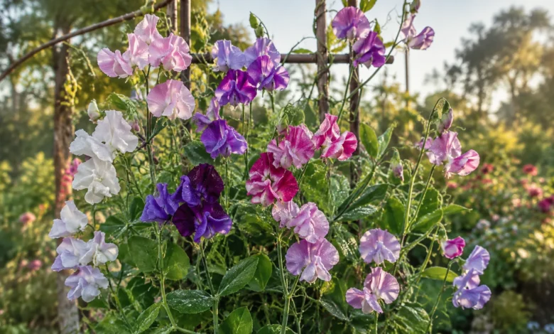 Ervilha-de-cheiro em plena floração, conduzida em uma estrutura que permite às gavinhas sustentarem os ramos.