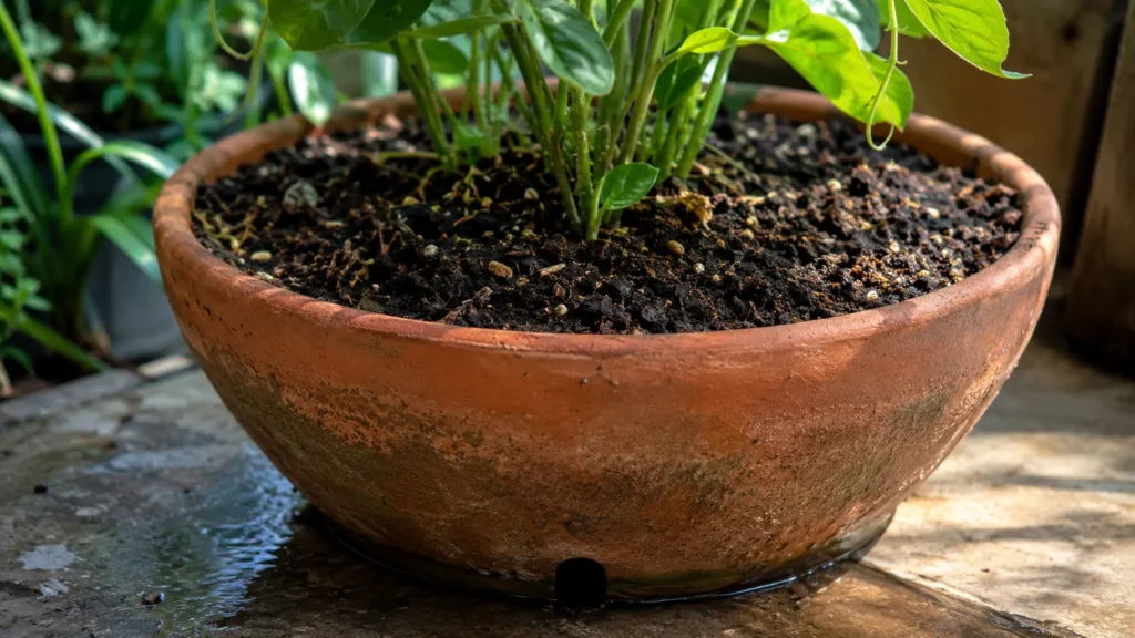 O substrato deve manter umidade suficiente para a planta sem permanecer saturado de água.