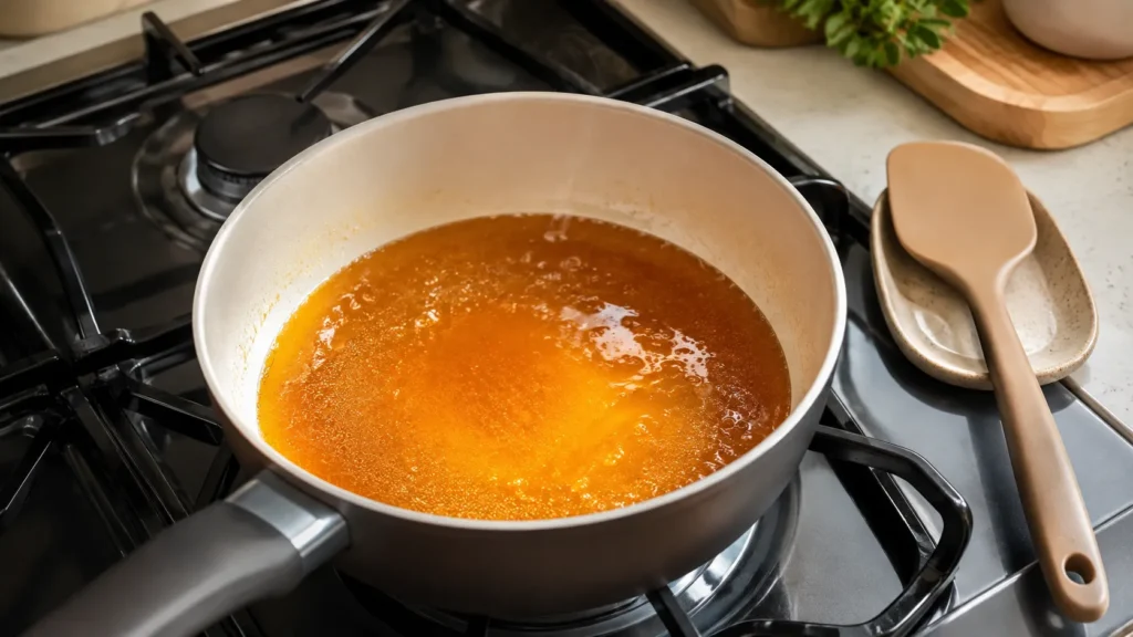 Calda de caramelo dourado sendo preparada