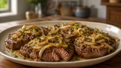 Bife acebolado suculento com carne dourada e cebolas macias servido em travessa