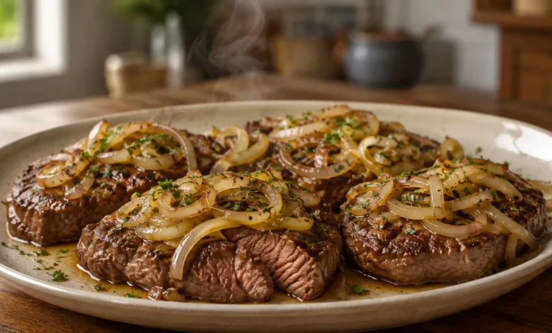 Bife acebolado suculento com carne dourada e cebolas macias servido em travessa
