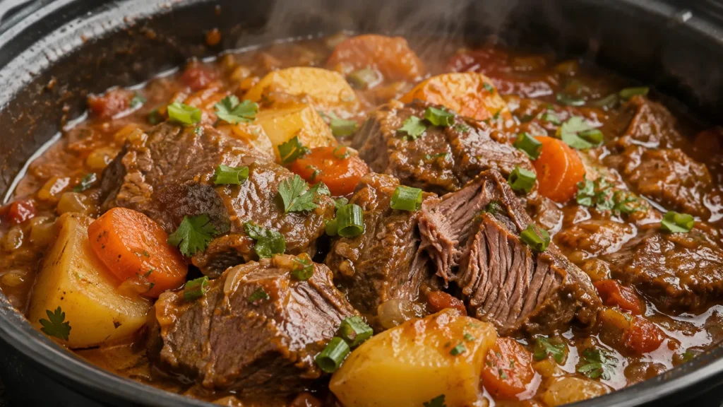 Carne de panela macia finalizada com batatas, cenoura e molho encorpado
