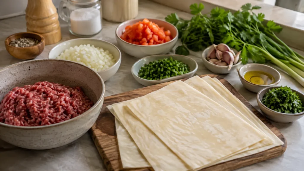 Ingredientes para pastel na Air Fryer com carne moída organizados na bancada