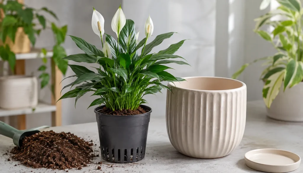 Lírio-da-paz em vaso drenável dentro de cachepô decorativo