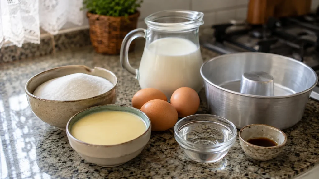 Ingredientes para pudim de leite condensado na air fryer organizados na bancada