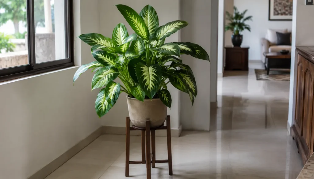 Planta exuberante em sala iluminada
