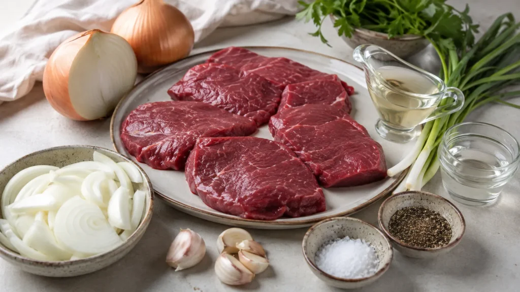 Ingredientes para bife acebolado organizados na bancada antes do preparo