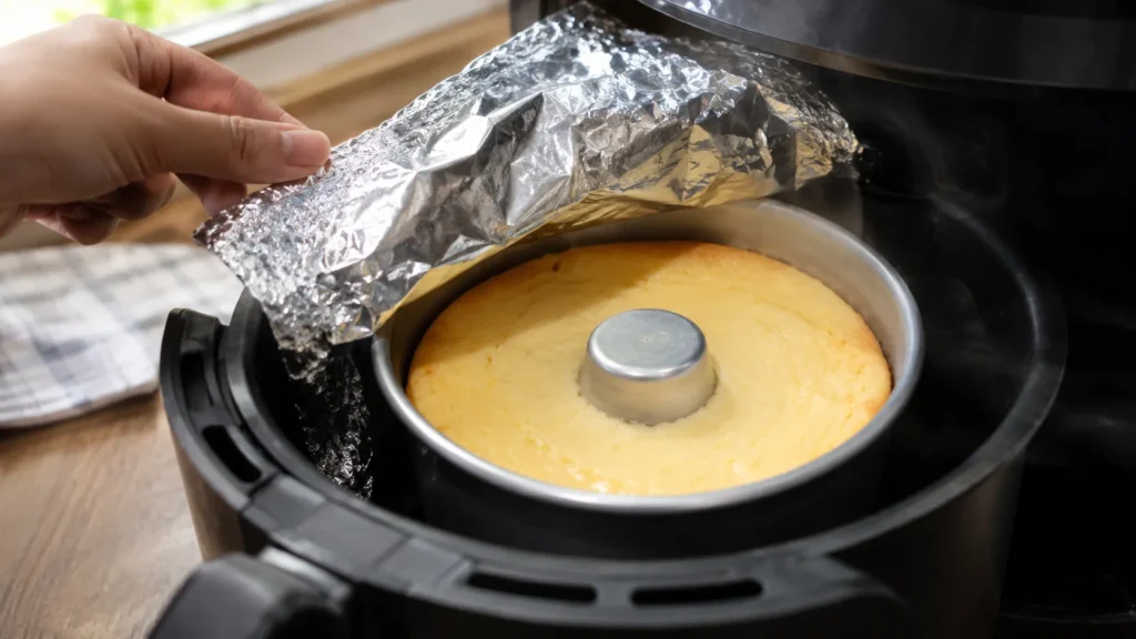 Verificando o ponto do pudim de leite condensado durante o preparo na air fryer