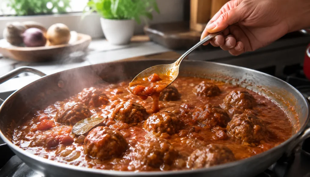 Almôndegas ao molho de tomate em preparo