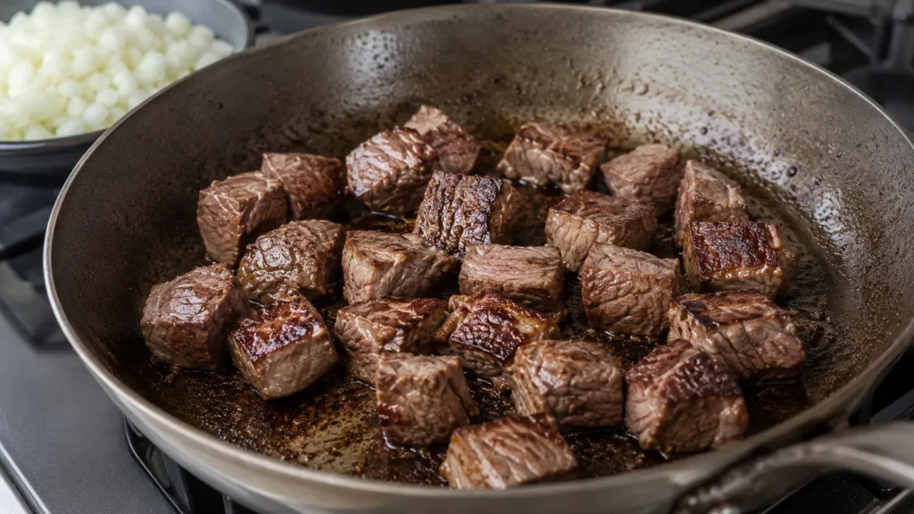 Cubos de carne sendo dourados na panela para o picadinho de carne