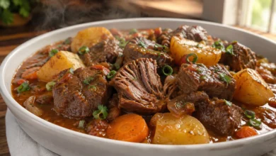 Carne de panela macia com batatas, cenouras e molho encorpado caseiro