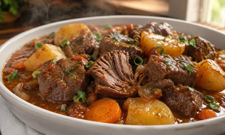 Carne de panela macia com batatas, cenouras e molho encorpado caseiro