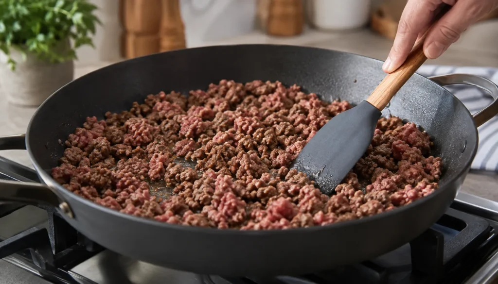 Carne moída refogada na frigideira