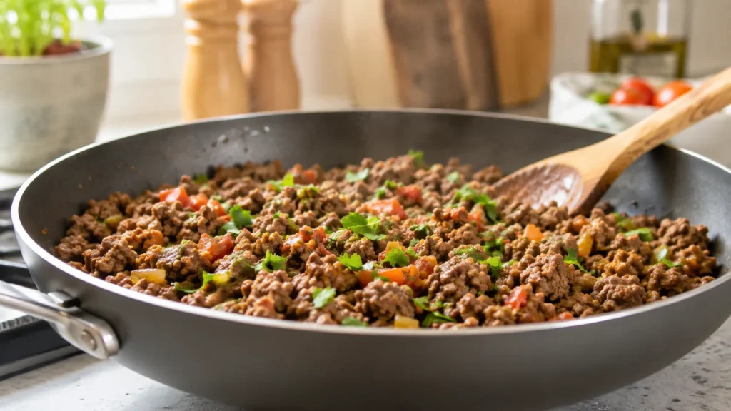 Carne moída com ervas na frigideira