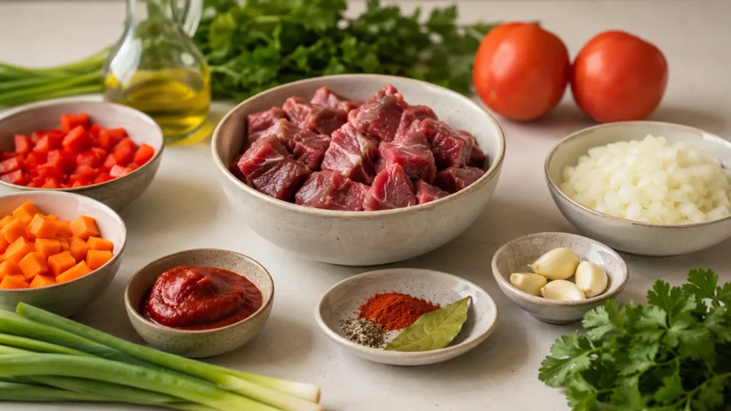 Ingredientes para picadinho de carne bovina organizados na bancada