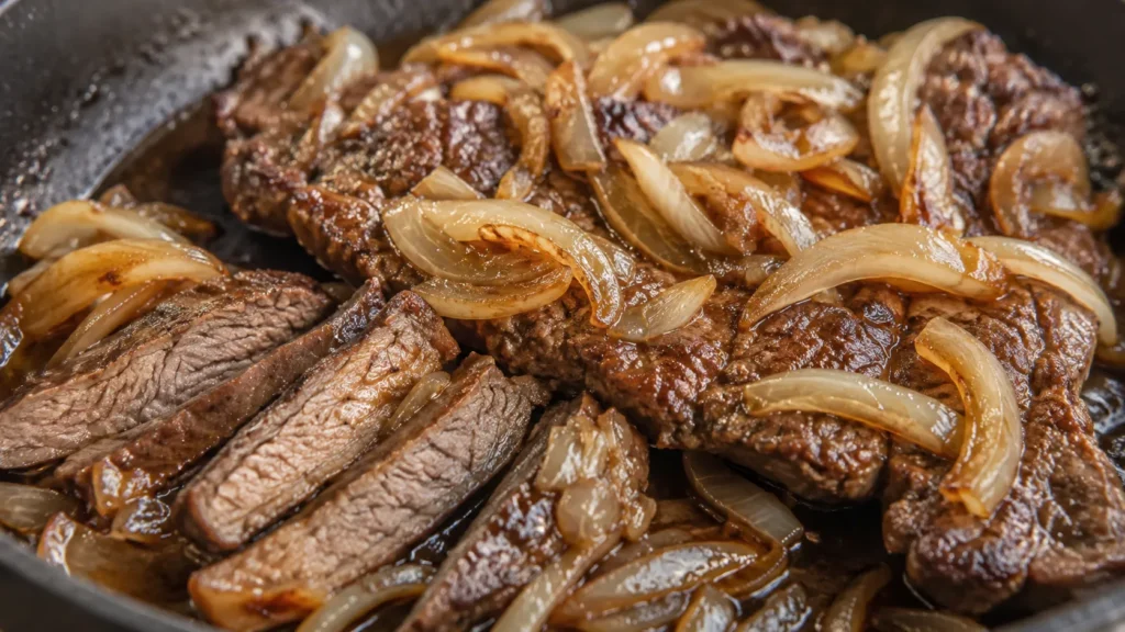 Bife acebolado suculento finalizado com cebolas douradas na frigideira