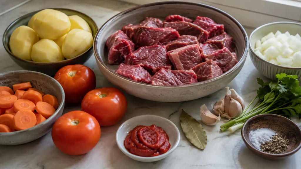 Ingredientes para carne de panela macia organizados na bancada