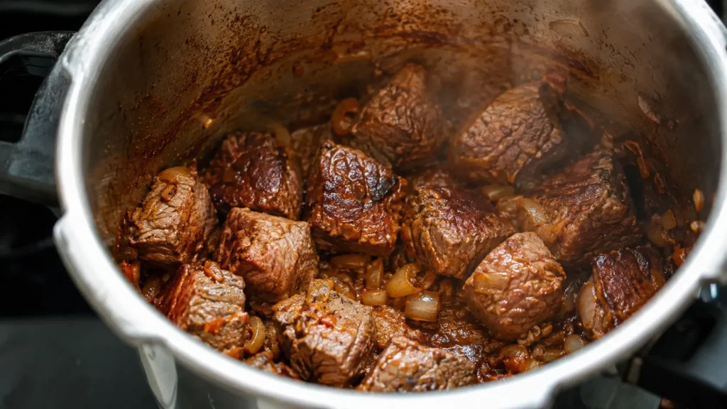 Carne dourada com cebola e temperos para carne de panela macia