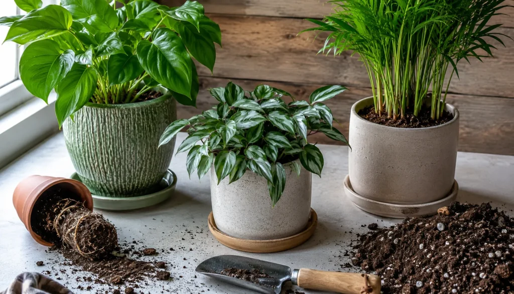 Jardinagem caseira com plantas e terra