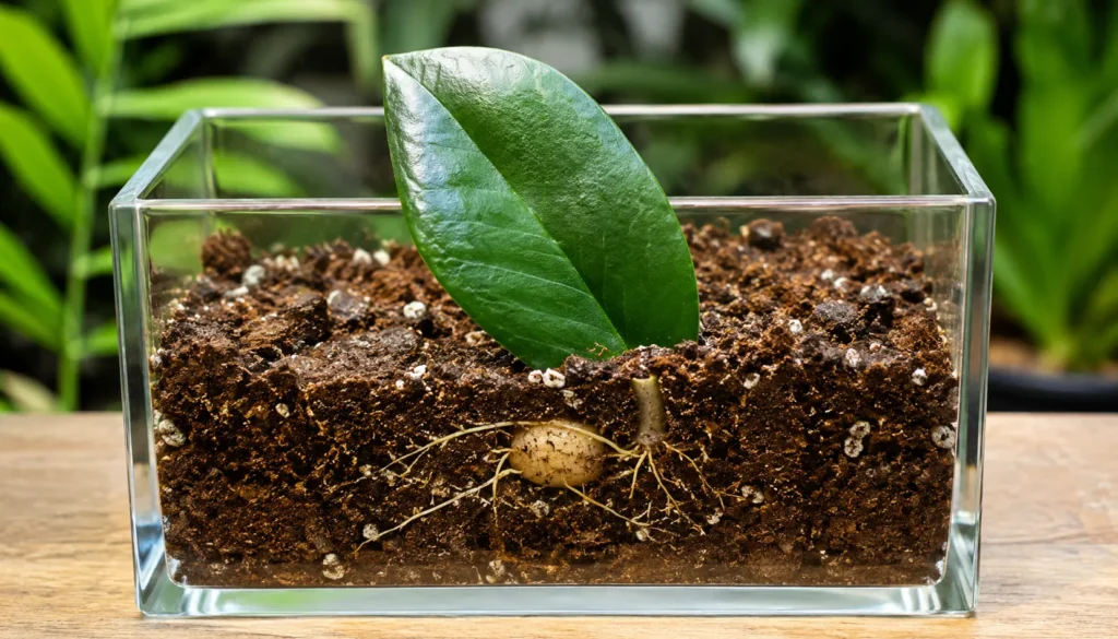 Muda de zamioculca formando raízes e rizoma