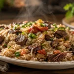 Arroz carreteiro soltinho com charque, tomate e cheiro-verde servido em travessa