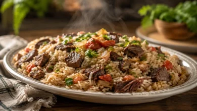 Arroz carreteiro soltinho com charque, tomate e cheiro-verde servido em travessa