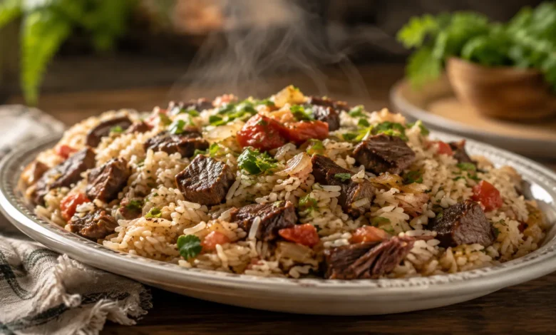 Arroz carreteiro soltinho com charque, tomate e cheiro-verde servido em travessa