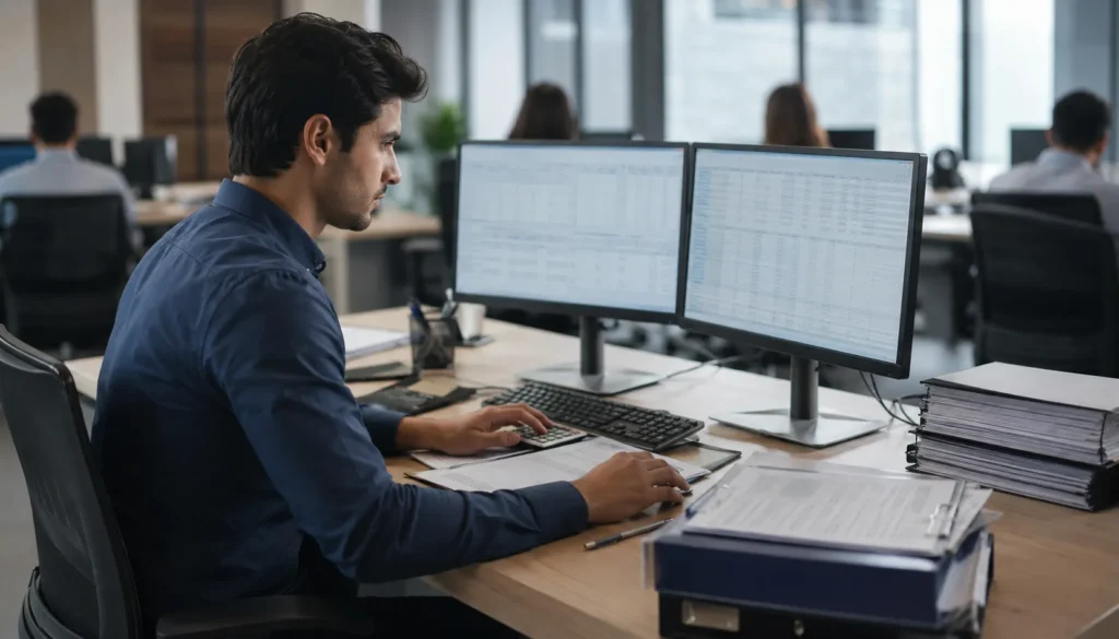 Jovem técnico em contabilidade trabalhando em escritório moderno,