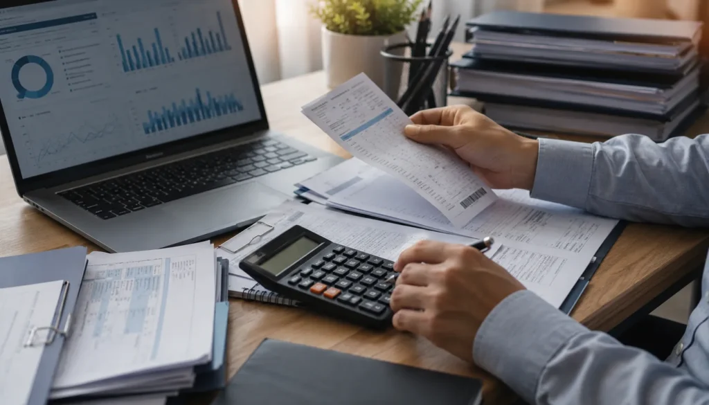 Mesa de trabalho do setor financeiro com documentos organizados