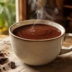 Chocolate quente cremoso servido em xícara com textura aveludada e chocolate intenso