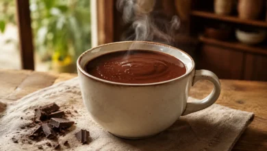 Chocolate quente cremoso servido em xícara com textura aveludada e chocolate intenso