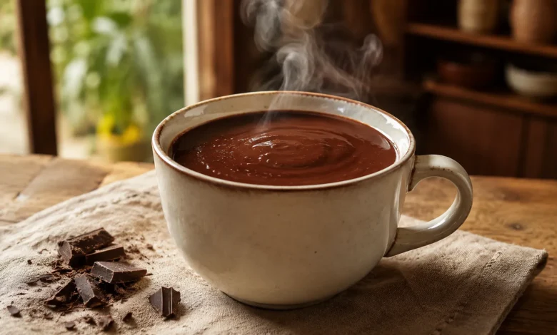Chocolate quente cremoso servido em xícara com textura aveludada e chocolate intenso