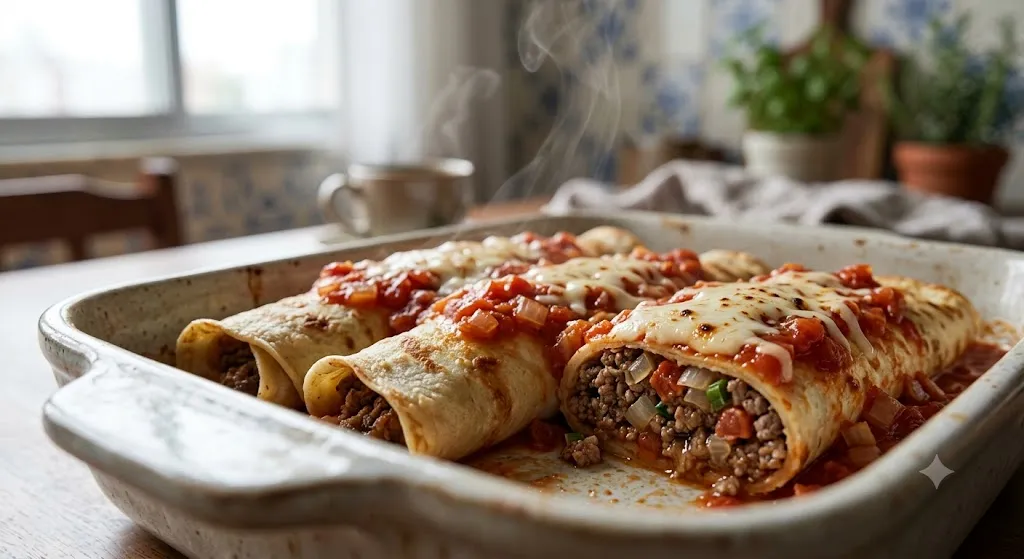Panqueca de carne moída finalizada com molho de tomate e queijo