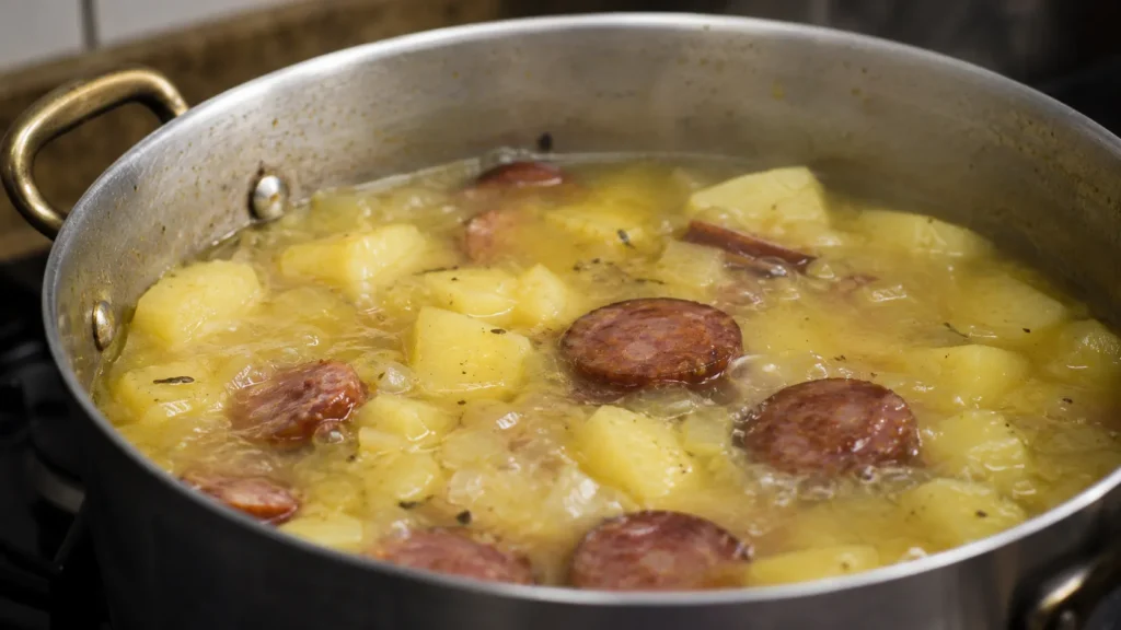 Batatas cozinhando com calabresa e temperos para preparar caldo verde cremoso
