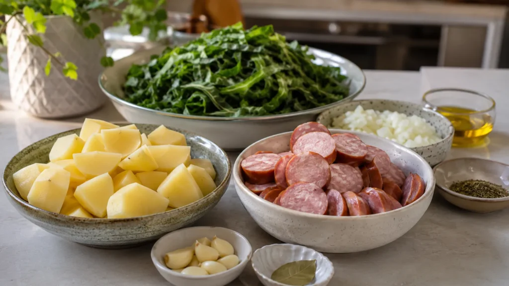 Ingredientes para caldo verde com batata, couve e calabresa organizados na bancada