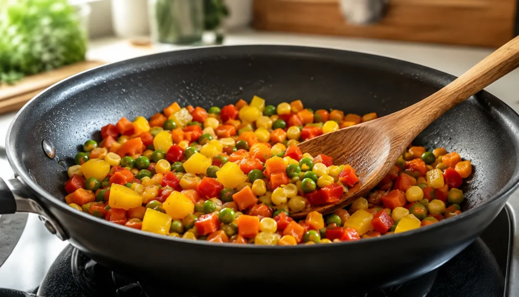 Frigideira com legumes sendo refogados