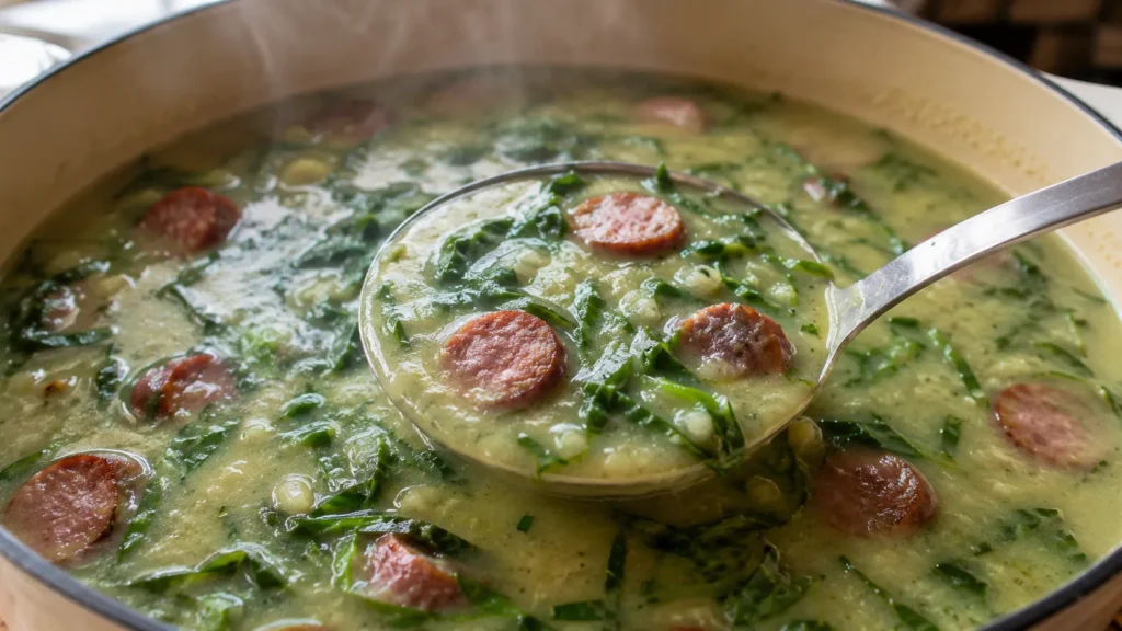 Caldo verde cremoso finalizado com couve fininha e calabresa dourada