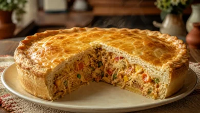 Empadão de frango cremoso com massa dourada e fatia mostrando o recheio de frango desfiado