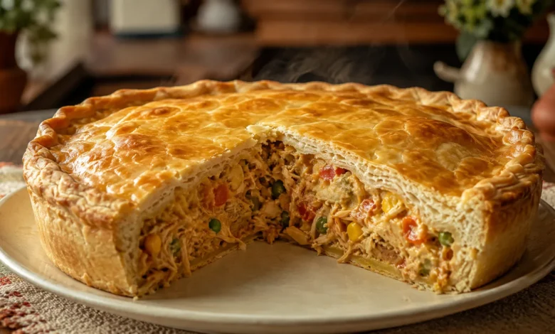 Empadão de frango cremoso com massa dourada e fatia mostrando o recheio de frango desfiado