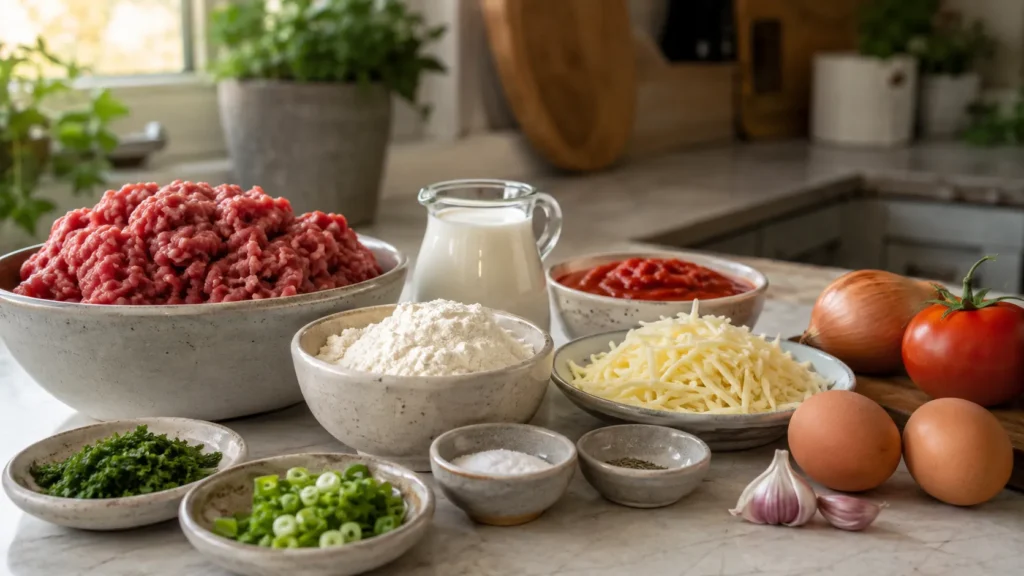 Ingredientes para panqueca de carne moída organizados na bancada