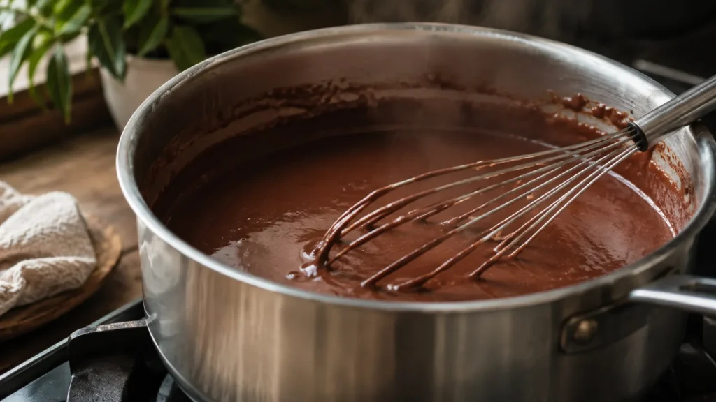 Chocolate quente cremoso engrossando lentamente na panela