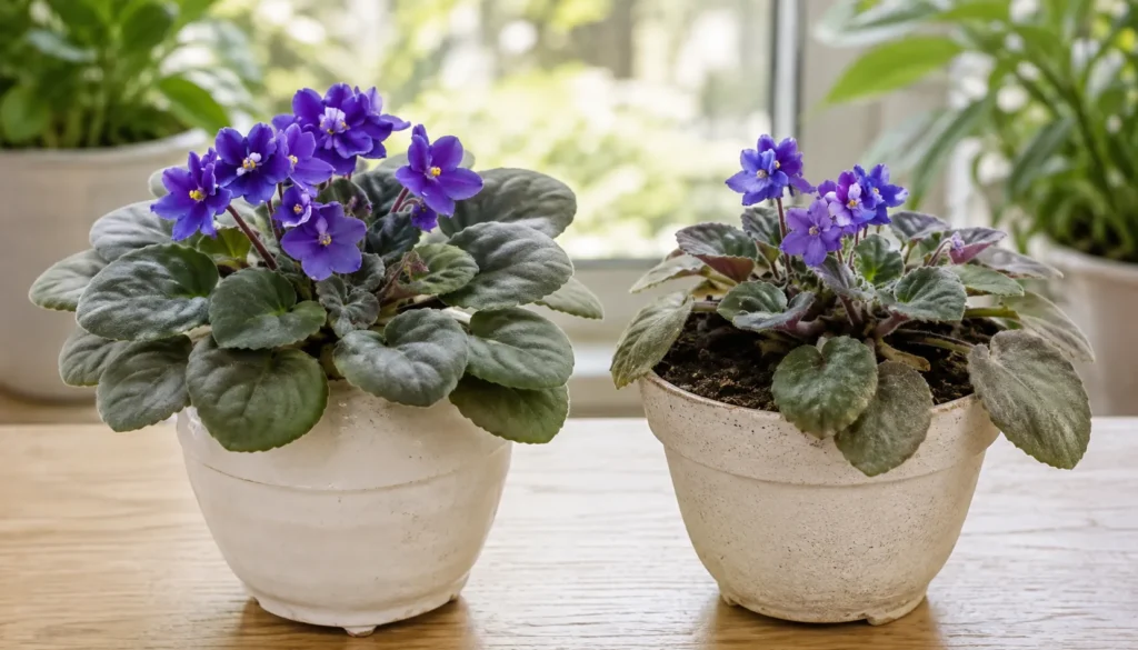 Sinais visuais de cultivo saudável e excesso de umidade na violeta