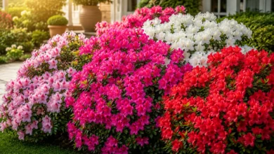Azaleias vibrantes no jardim ensolarado