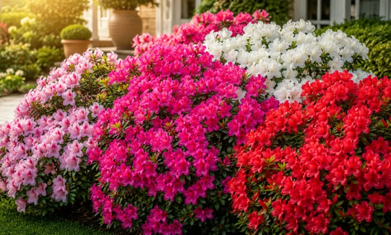 Azaleias vibrantes no jardim ensolarado