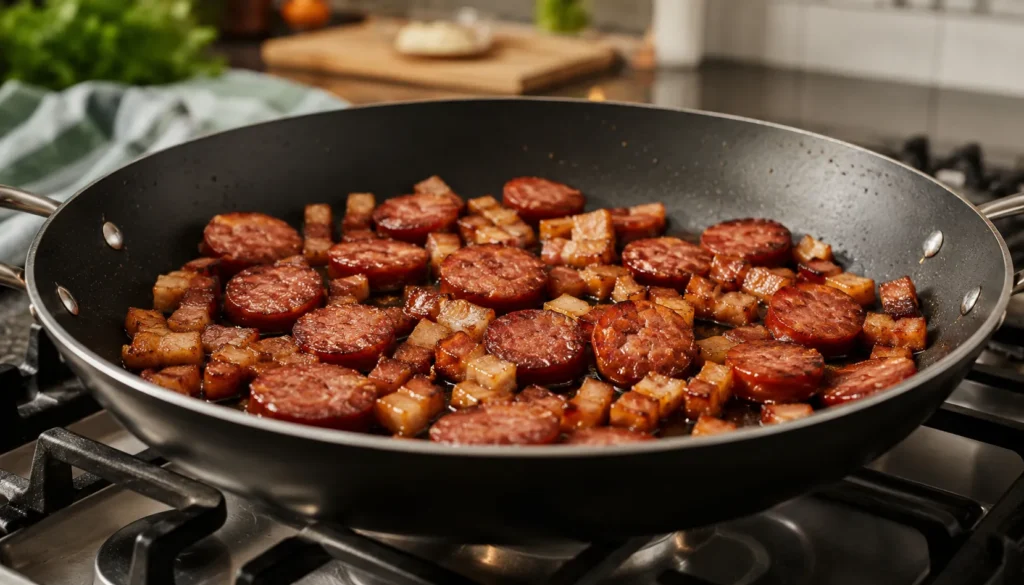 Linguiça e bacon dourados na frigideira