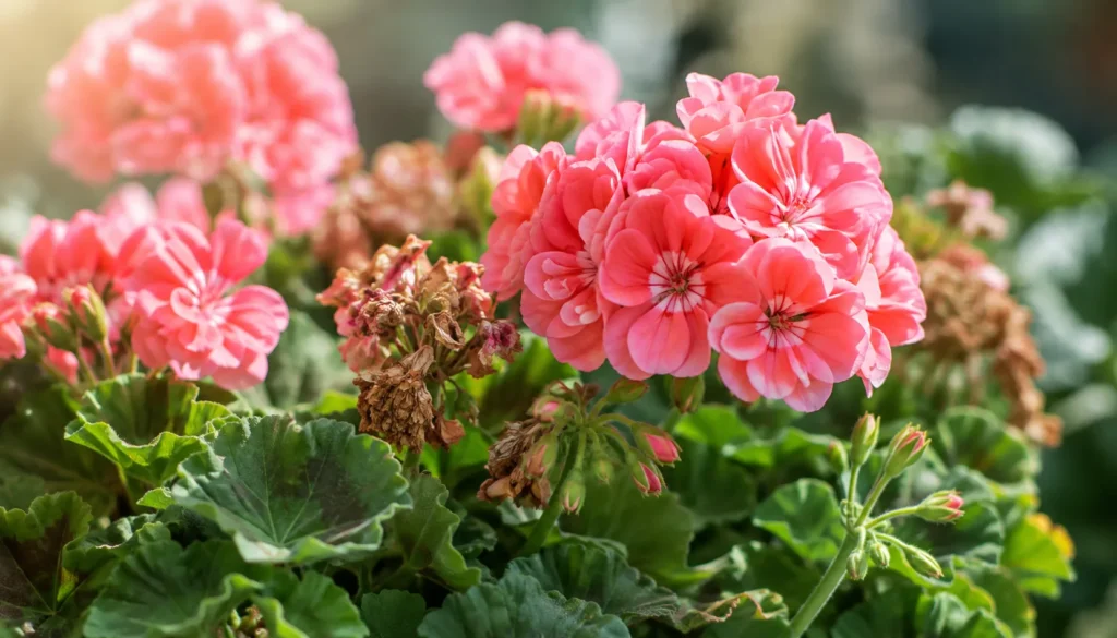 Flores novas e inflorescências envelhecidas do gerânio