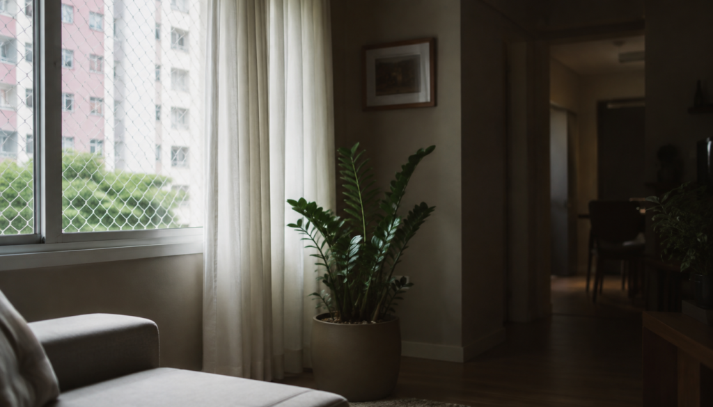 Sala aconchegante com planta e luz natural