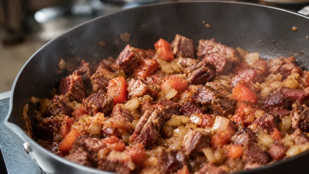 Charque sendo refogado com cebola, alho e tomate para arroz carreteiro